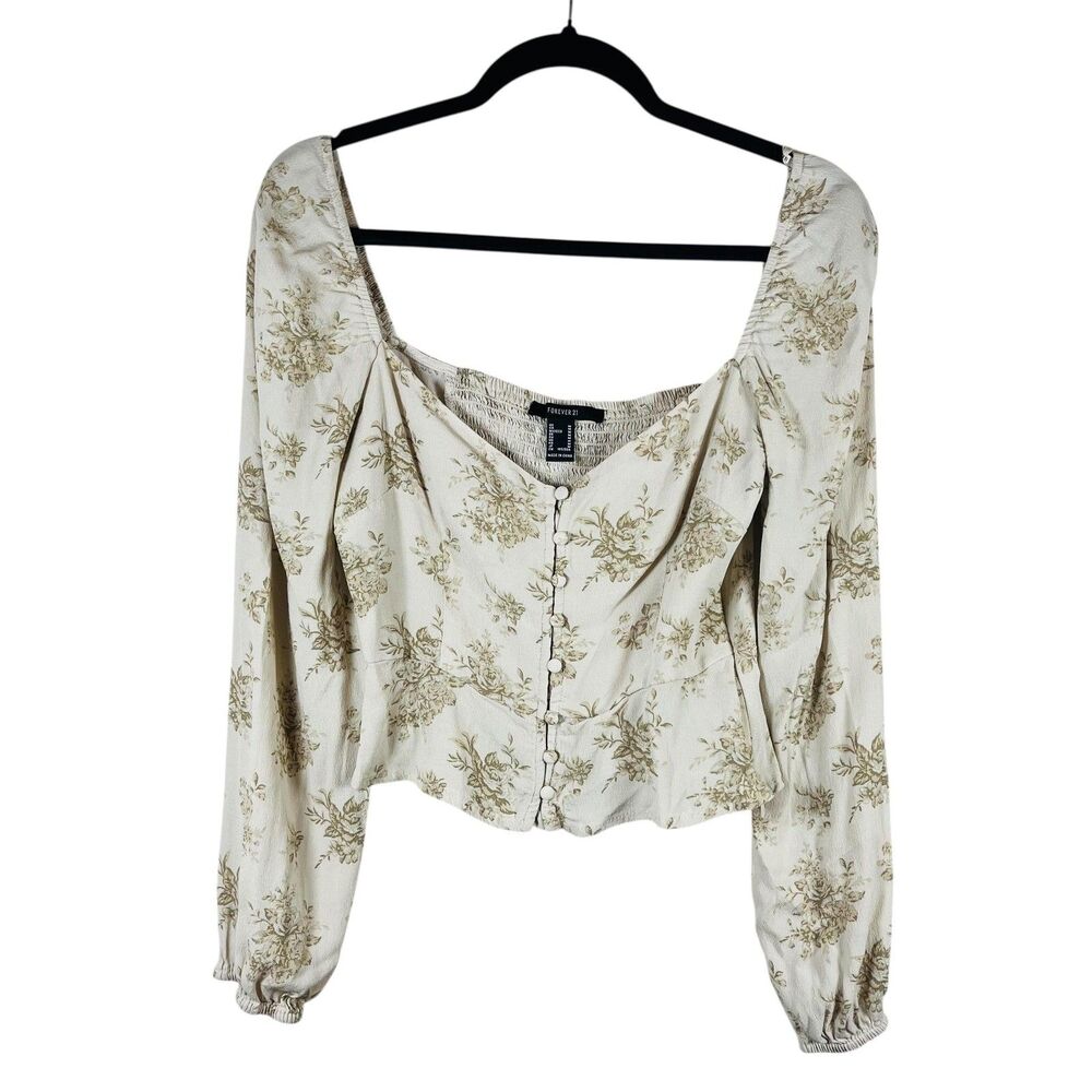 Forever 21 Shirt Womens Medium Beige Floral Square Neck Long Sleeve Boho Cropped